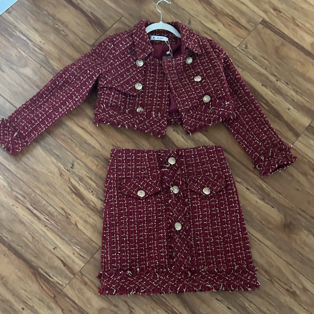 Liu Lala Burgundy Tweed Jacket and Skirt Set